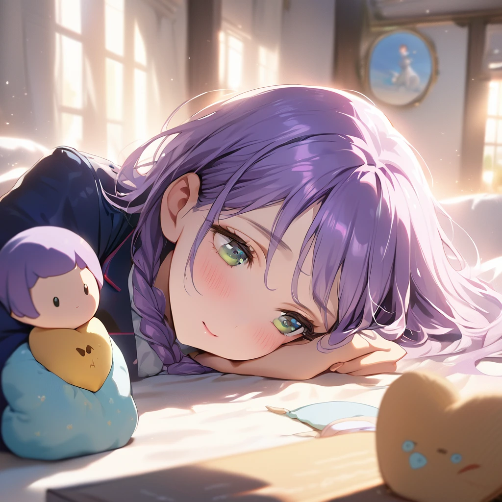 (Cute a girl:1.5), (masterpiece:1.3), anime visual,Women's navy blue business suit, blouse, blue-purple hair, braided, hair, green-eyed girl, (Lovey-dovey:1.5), (tilt head:1.3), extremely delicate face, soft clean focus, realistic lighting and shading, (an extremely delicate and beautiful art:1.3),she has a confused look on her face, a computer in her right hand and a girl's doll in her left hand, and a game console and books are lying at her feet,