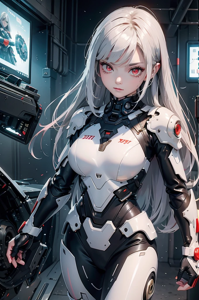 ((Cyberpunk women images))，Dynamic pose、(masterpiece:1.4, highest quality, Dutch Angle)(One Girl, alone)（Gray hair that changes with light、Smooth and straight hair、WHITE hair fluttering in the wind）、（beautiful, Glowing Skin、Cheek Gloss Highlighter、Sexy and very beautiful and adorable face、世界で最もbeautiful顔、big, Glowing red eyes）、（Cute 25 year old girl、Ample breasts、Tight waist、Delicate shoulders、Perfect figure）（Overall dark、A ruined futuristic city、The world at the end of the century、Traces of war、cave、Remains）(Futuristic combat suit、White combat armor、Highly decorated combat uniform)（Shooting from close range、Pictures of female faces）
