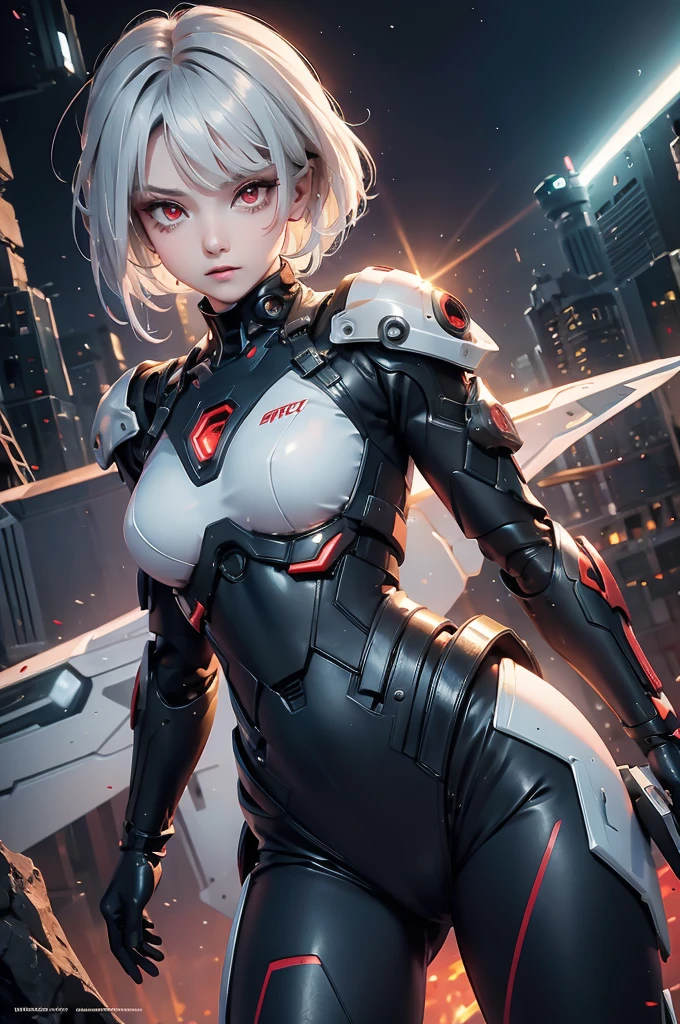 ((Cyberpunk women images))，Dynamic pose、(masterpiece:1.4, highest quality, Dutch Angle)(One Girl, alone)（Gray hair that changes with light、Smooth and straight hair、WHITE hair fluttering in the wind）、（beautiful, Glowing Skin、Cheek Gloss Highlighter、Sexy and very beautiful and adorable face、世界で最もbeautiful顔、big, Glowing red eyes）、（Cute 25 year old girl、Ample breasts、Tight waist、Delicate shoulders、Perfect figure）（Overall dark、A ruined futuristic city、The world at the end of the century、Traces of war、cave、Remains）(Futuristic combat suit、White combat armor、Highly decorated combat uniform)（Shooting from close range、Pictures of female faces）
