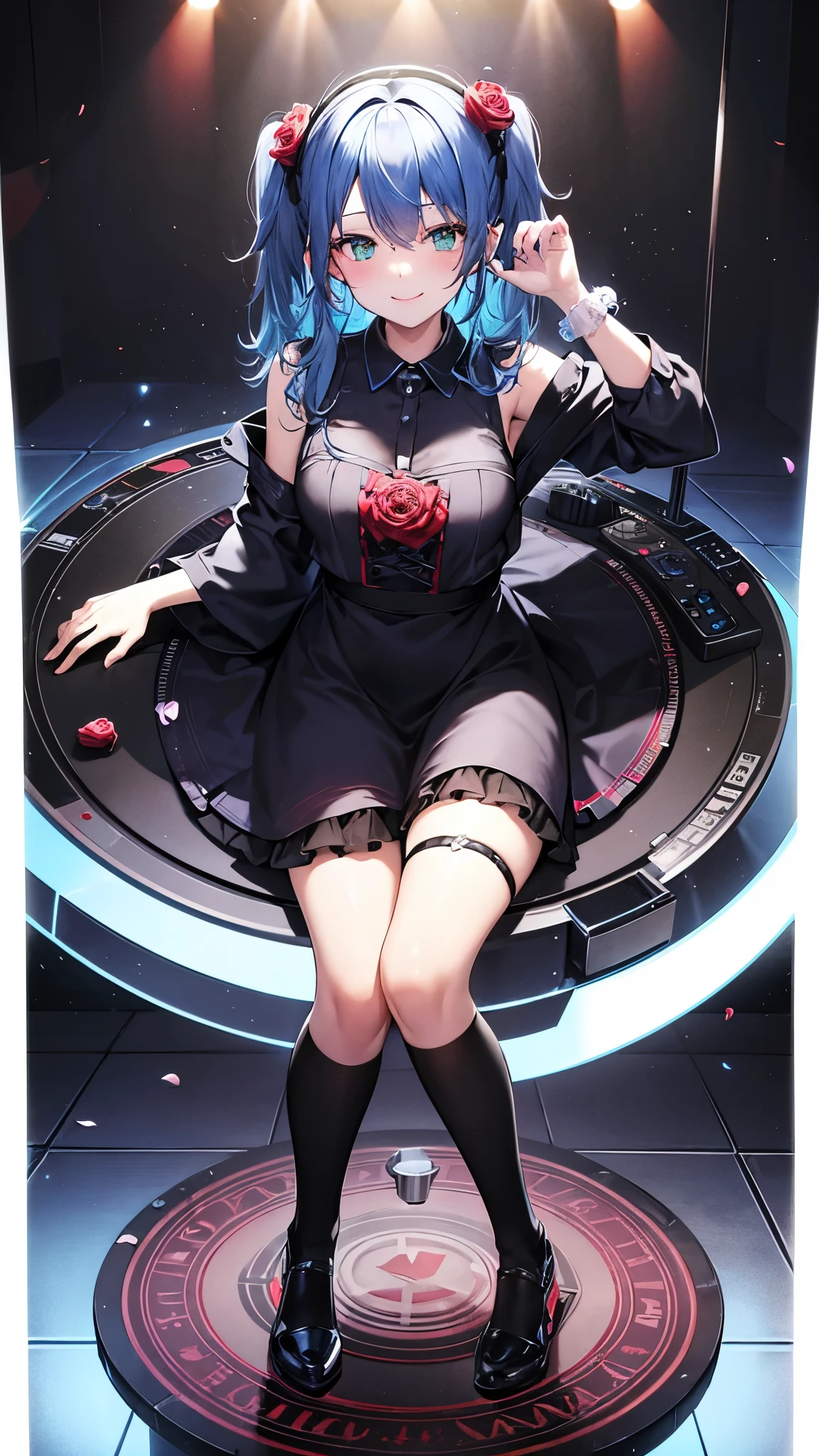 DJ,club house,DJ Booth,DJ equipment,Blue Hair,Medium Hair,(Put a red rose in your hair),Green Eyes,Rose-patterned clothes,17 years old,Black thigh-high socks,smile,Rose petals flutter,Hardcore,Mirror ball,Turntable,laser,Open your mouth,squat