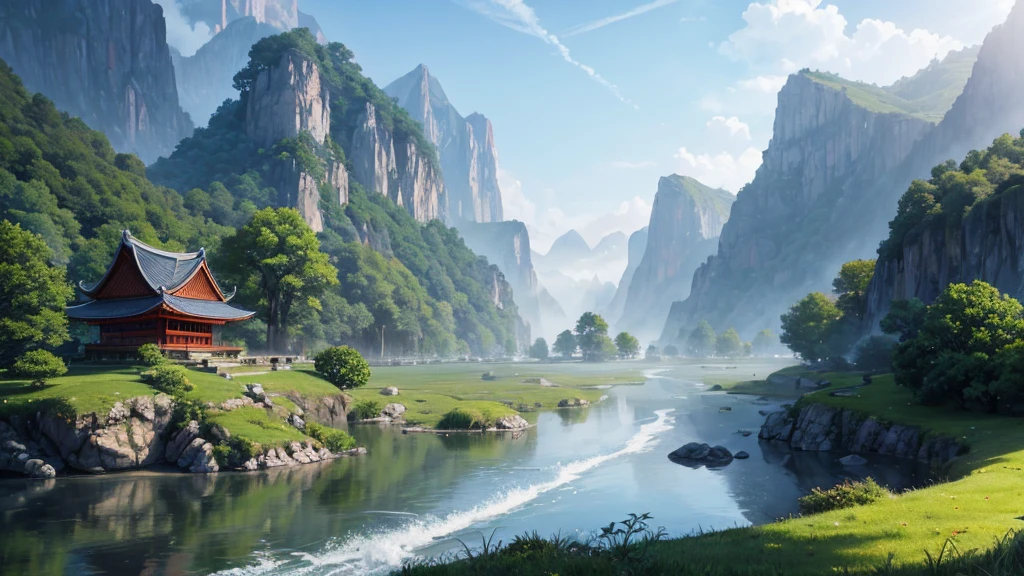 a mystical landscape with soaring limestone mountains, covered in fog. There are traditional East Asian style houses with tiered roofs, Curved and hidden between mountains and trees. A river or body of water winds through the landscape, with small works built along the river banks. The atmosphere is peaceful and picturesque, evokes the feeling of an ancient or mythical place, Unaffected by modern times. The light seemed to be early morning, contributing to the magical look of the scene.