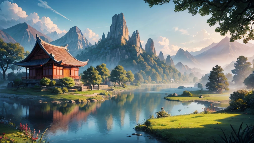 a mystical landscape with soaring limestone mountains, covered in fog. There are traditional East Asian style houses with tiered roofs, Curved and hidden between mountains and trees. A river or body of water winds through the landscape, with small works built along the river banks. The atmosphere is peaceful and picturesque, evokes the feeling of an ancient or mythical place, Unaffected by modern times. The light seemed to be early morning, contributing to the magical look of the scene.