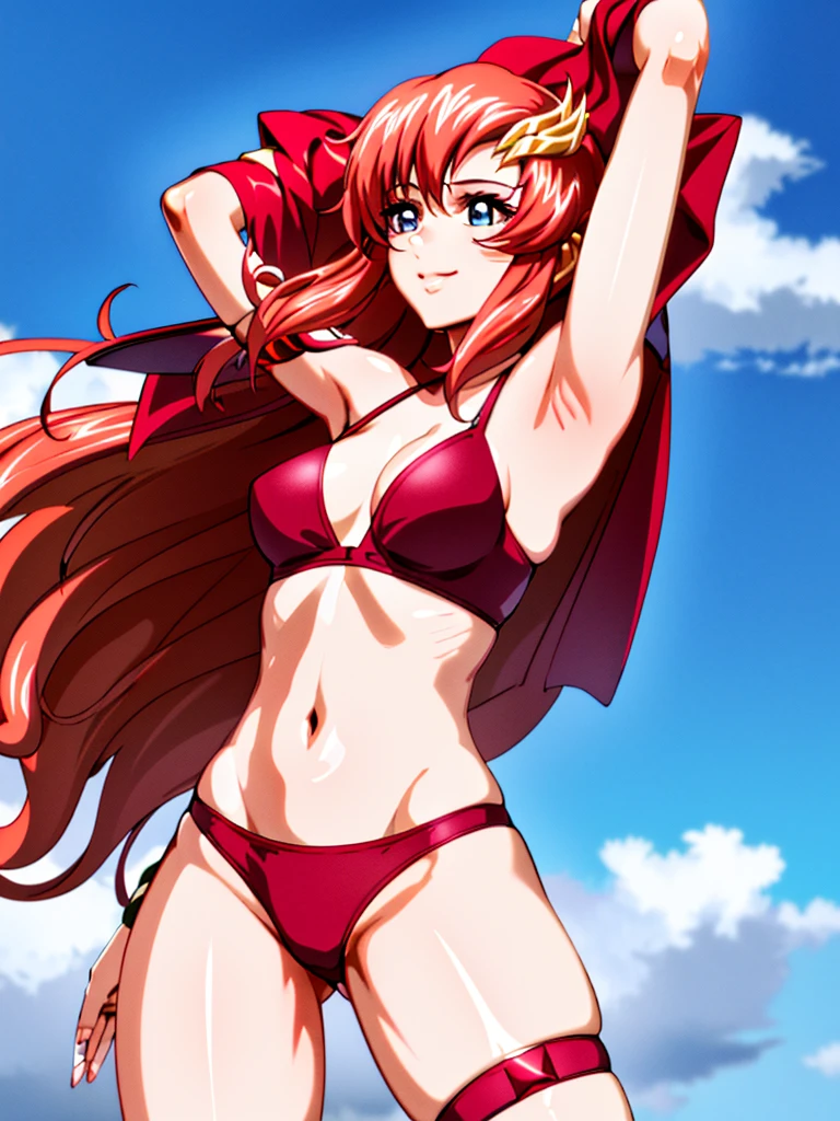 lacus4, (red bikini, running, thong, tall girl, masterpiece, cowboy shot, very slim shoulders, 4K, Best Quality, Anime style: 1.9, happy, Adult Woman, (ultra detailed head), (Crowd, cloud background), Drawing lines, high resolution, lacus4), 1girl, Solo, curvy figure, clavicle, scapular, (Detailed wide hair bangs, very long hair, Hair Ornament, Detailed reddish-pink hair, shiny streaks, slim arms, detailed golden crest), cleavage, large hands, (hair cover shoulders). (Big blue eyes, shiny eyes), ((female wrestler, (slim body), slim arms, thighs)), ((perfect proportions, medium-small breasts, medium thighs, long belly)), ((totally red bra, leg strap)), smile with a wink, (standing, hot colors), detailed fingers, (bare shoulder, stretching, one arm up, looking away)