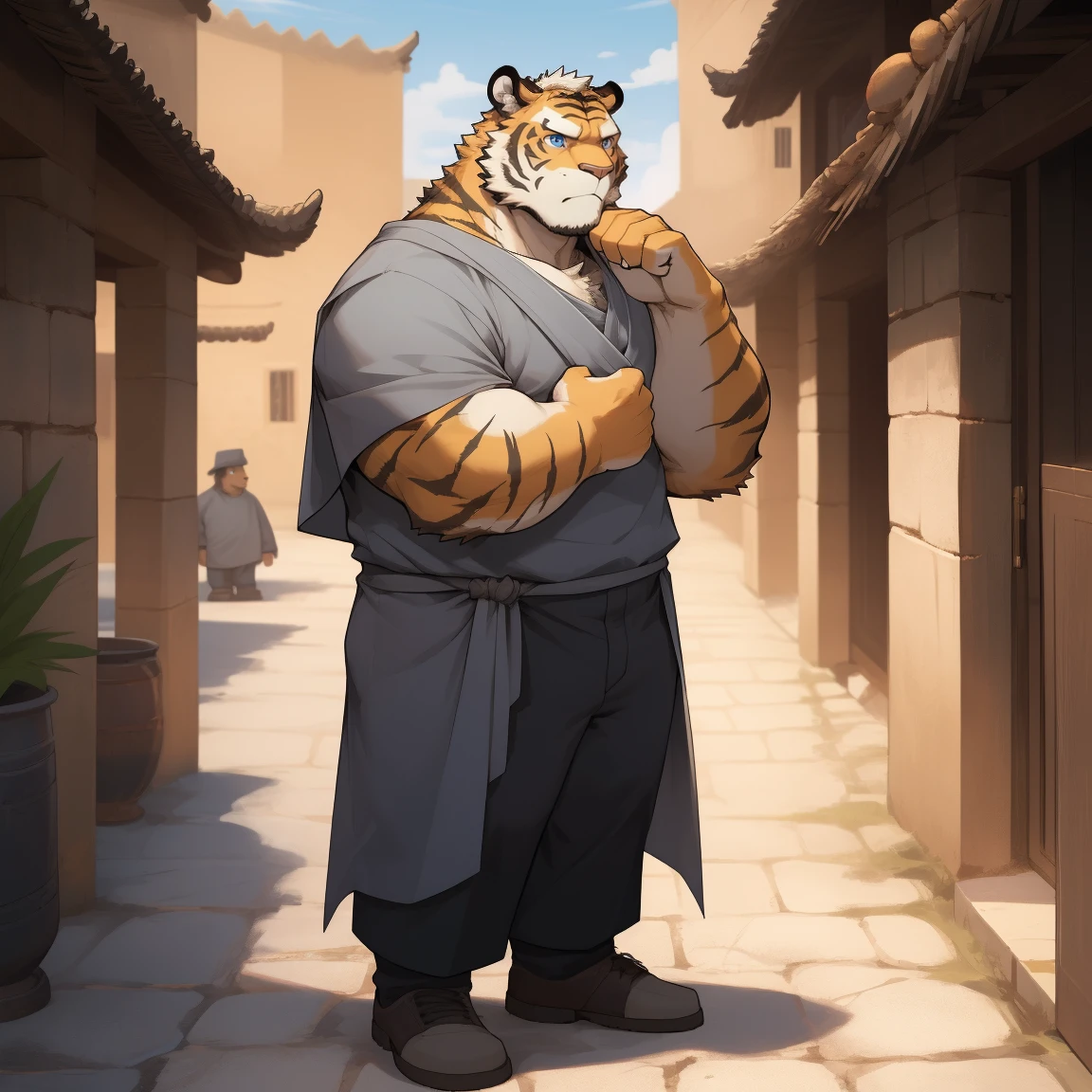 masterpiece, best quality, 8k resolution, Very detailed, hairy，tiger，((White short hair))，Strong body，((Fifty years old)),((Middle-aged and elderly))，(((Blue eyes)))，For the audience，portrait，(Highest quality scene)，(((Gray cloth)))，((Solitary))，Black trousers，whole body，((Touching his chin and thinking))，(Mature)，(((Village courtyard)))，((yellow fur)),Standing，((farmer))，(((Sunny)))，(((August)))，(((Serious)))，(((Domineering)))，(((frown)))