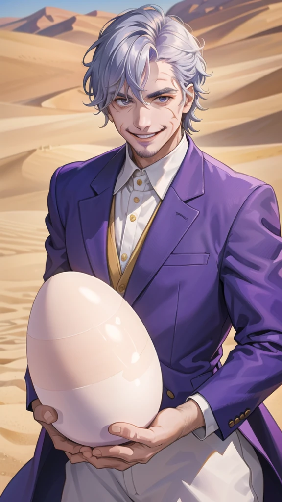 Portrait of a man in his 40s、standing、silver hair、the joker、purple dress , smile , Long body、 、desert background、(holding eggs:1.1) , run away