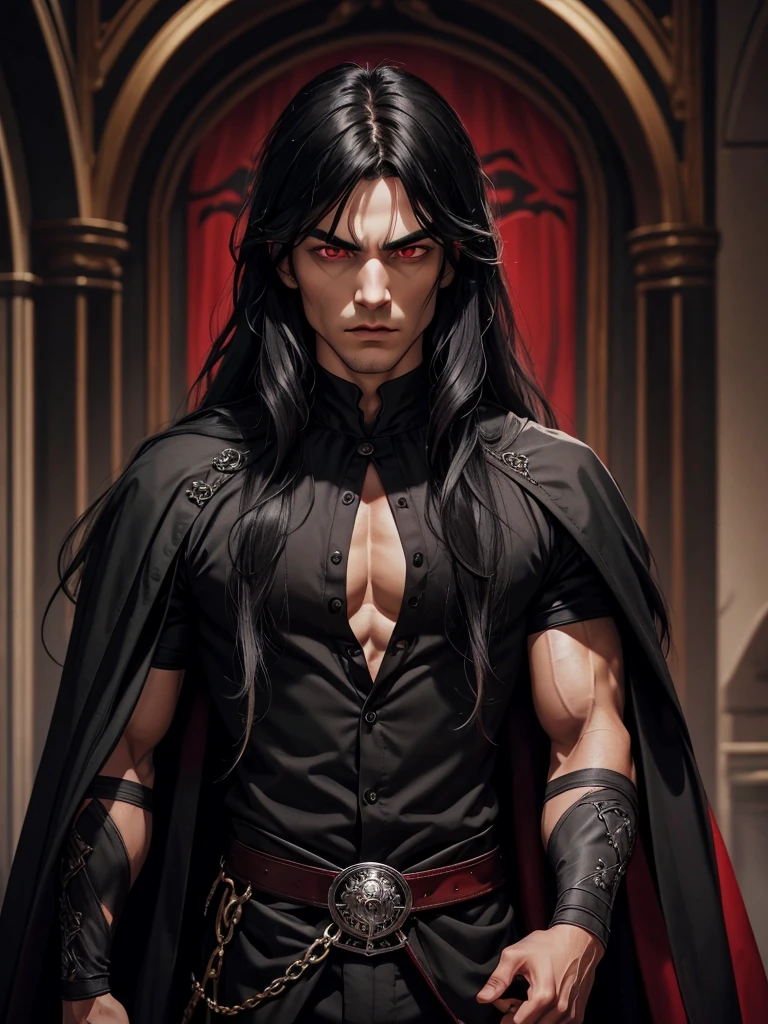 (best quality), 1boy, male, grey skin, black hair, long hair, bangs, slightly wavy hair, red eyes, perfect eyes, gothic clothes, vampire, muscular, royalty, serious, masterpiece, anatomically correct, highres