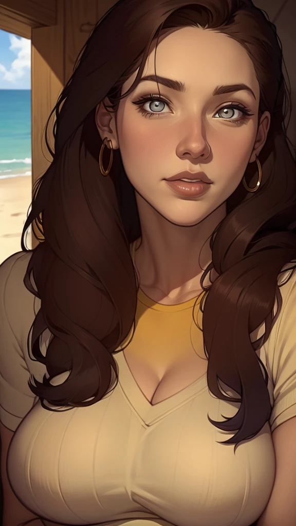 Close-up of a woman with long hair and a sweater, cabelo castanho encaracolado, linda modelo, retrato de alta qualidade, medium portrait bright light beach style, parece a jovem liv tyler, retrato colorido, linda mulher, cabelo loiro cacheado | d & d, beautiful portrait lighting, uma linda jovem, modelo muito lindo, Retrato de 50mm, medium - long curly brown hair wearing police uniform