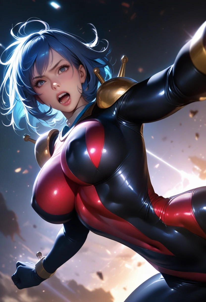 perfect hands, perfect finger,perfect anatomy, masterpiece, best quality,realistic, hyperrealistic, 16k hdr,1girl, large breasts,erected nipples,blue hair, bobcut,mobile trace suit, shoulder armor,bodysuit,fighting pose, upper body, cockpit,from below,