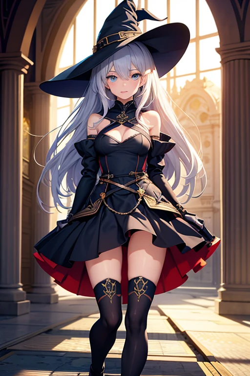 ((highest quality)), ((masterpiece)), (detailed), One girl, sexy,Silver Hair,blue eyes,Hair a little longer than shoulder length,Slanted Eyes,witch,Light clothing,Young girl,whole body,skirt,Knee-high boots,Bare Shoulder,character,Hentai manga,Medieval Fantasy,front,No background,Standing with your legs apart,Girl,Bangs up to above the eyes,The heel height is low,No hat,Medium height girl