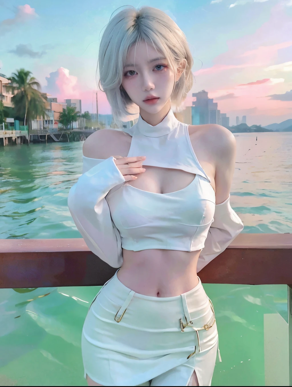 Beautiful woman with perfect figure:1.4,Layered hairstyle,Snow White,White skin,Prominent ,Bikini:1.5,Super rt pleated skirt,whole body,Very delicate facial and skin texture,Double eyelids,Skin Whitening,Long white hair