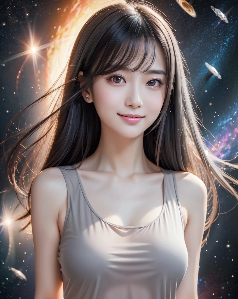 (highest quality, 32k, High resolution, Masterpiece:1.5, ), marimo_jet, Concept Art, Arousing pleasant enjoyment and curiosity, Expressing emotions, Have a rich imagination, Beautiful Japanese Women, An exceptionally beautiful face, Small Face Beauty, Perfect Human Anatomy, Magical big eyes, Motherhood and generosity, Deep Love, fleeting smile:1.1, Shiny black hair, Super Long Straight Silk Hair, Asymmetrical bangs, Hair between the eyes, Transparent, soft white skin, Sharp eyebrows, Thin lashes, ((Natural Makeup:1.1)), Cheek highlighter, Pale pink detailed lips, ((Grey tank top:1.3)), High resolutionの完璧な鎖骨, High resolutionの美しい胸元, Slim figure with ample breasts, High resolutionの美しい太もも, ((Beautiful sparkling galaxy background:1.2)), Professional Lighting, Professional photographer, Professional models, mysterious