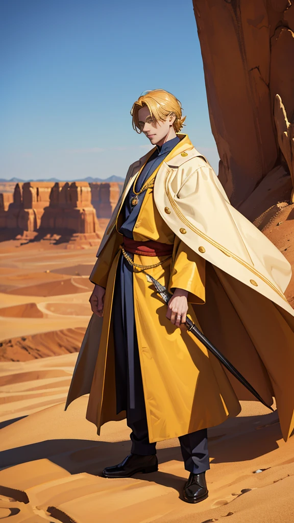 Portrait of a man in his 40s、standing、golden hair、young men、Long body、doctor 、desert background、