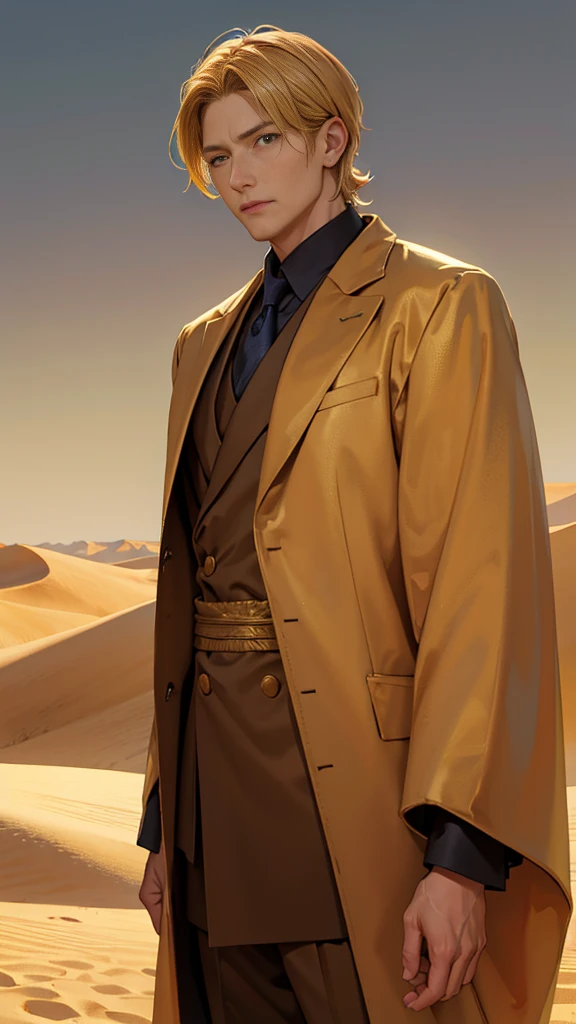 Portrait of a man in his 40s、standing、golden hair、young men、Long body、doctor 、desert background、