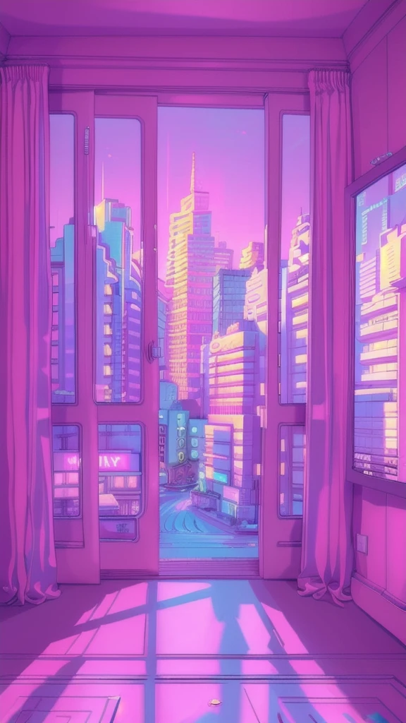 pink theme, style anime, huge city background, precious hotel, living room, (Highly detailed:1.2), (warm light:1.2), masterpiece, ultra realistic,32k, extremely detailed CG unity 8k wallpaper, best quality  (masterpiece,best quality:1.5)