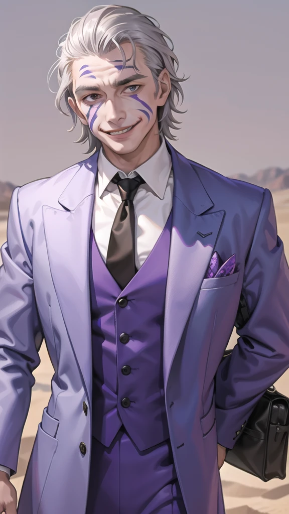 Portrait of a man in his 40s、standing、silver hair、the joker、purple dress , smile , Long body、 、desert background、