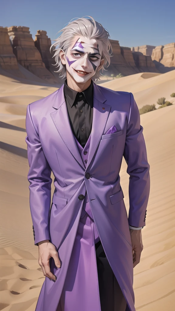 Portrait of a man in his 40s、standing、silver hair、the joker、purple dress , smile , Long body、 、desert background、