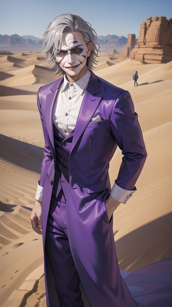 Portrait of a man in his 40s、standing、silver hair、the joker、purple dress , smile , Long body、 、desert background、