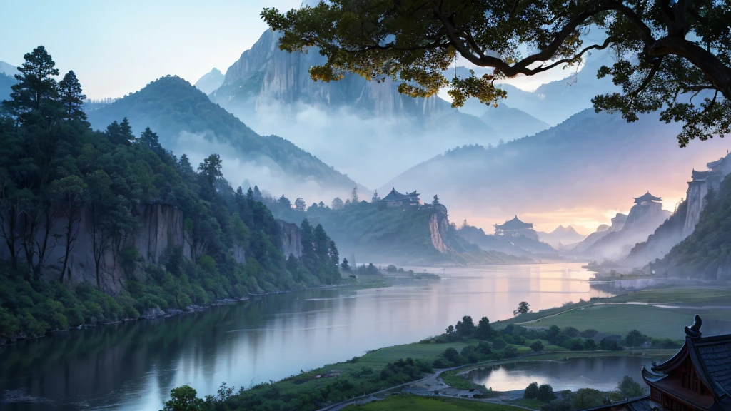 a mystical landscape with soaring limestone mountains, covered in fog. There are traditional East Asian style houses with tiered roofs, Curved and hidden between mountains and trees. A river or body of water winds through the landscape, with small works built along the river banks. The atmosphere is peaceful and picturesque, evokes the feeling of an ancient or mythical place, Unaffected by modern times. The light seemed to be early morning, contributing to the magical look of the scene.