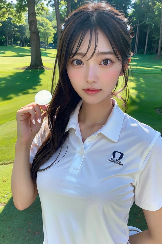 ８K、High definition、Ultra Detail、Photorealistic、Realistic and accurate depiction、Realistic and accurate human anatomy、High resolution、highest quality、Beautiful Japanese woman in golf wear, Detailed body, Live Action、beautiful girl golfer、cute、clear、The ultimate beautiful girl、Perfect Body Shape、Beautiful breasts、、Perfect Skin、Charm、Active、Black Hair、Japanese female professional golfers、cuteゴルフウェア