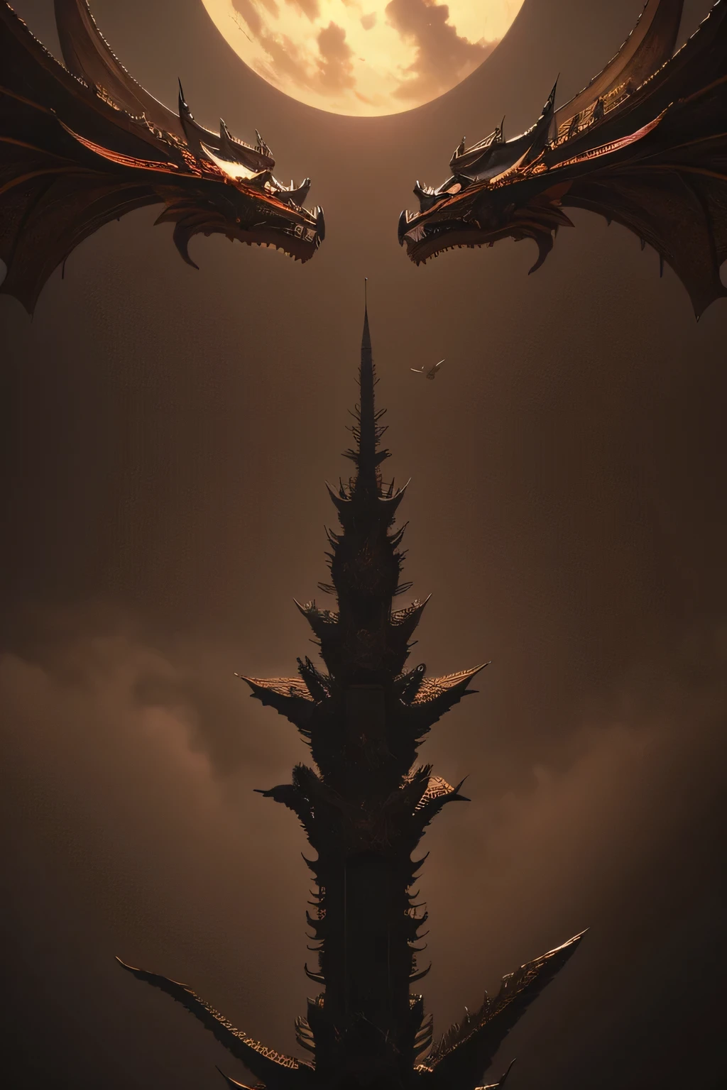 Vertical composition,The middle and distant view is a dragon hanging vertically in the air,The close-up is a dark figure standing under the dragon,Hand-painted style