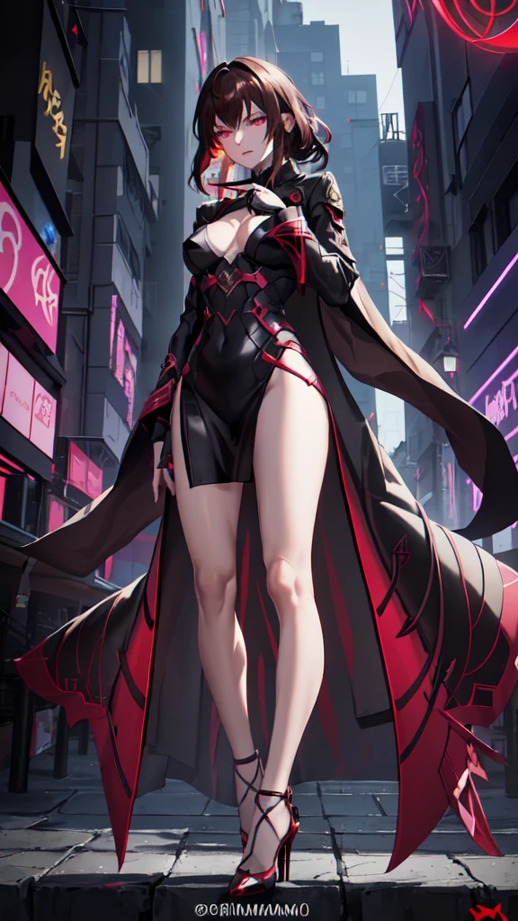 Name: Kirisumi
Element: Umbranox
Description: A skilled assassin and member of the Umbra Witches. With her Umbranox abilities, she can manipulate darkness and shadows to her advantage.
Prompt: ((((Mysterious woman, 3/4 view, dark brown hair, crimson red eyes, pale skin, slender build, long coat, black dress, high heels)), (deep shadows:0.8), (background: cityscape at night, neon lights:0.6), (sleek legs), (pose: ready to strike), (intense gaze), (flickering streetlights:0.5), (darkness enfolding her:0.7), (cool, calm expression), (hands at sides), (quiet confidence))((fix finger-hand))