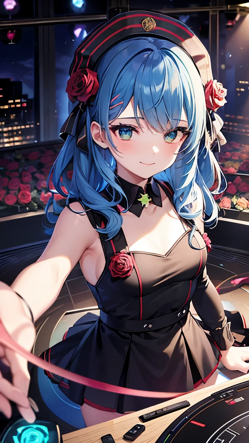 DJ,club house,DJ Booth,DJ equipment,Blue Hair,Medium Hair,(Put a red rose in your hair),Green Eyes,Rose-patterned clothes,,Black thigh-high socks,smile,Rose petals flutter,Hardcore,Mirror ball,Turntable,laser