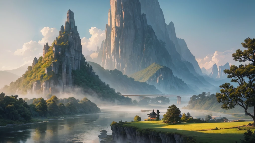 a mystical landscape with soaring limestone mountains, covered in fog. There are traditional East Asian style houses with tiered roofs, Curved and hidden between mountains and trees. A river or body of water winds through the landscape, with small works built along the river banks. The atmosphere is peaceful and picturesque, evokes the feeling of an ancient or mythical place, Unaffected by modern times. The light seemed to be early morning, contributing to the magical look of the scene.