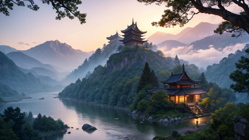 a mystical landscape with soaring limestone mountains, covered in fog. There are traditional East Asian style houses with tiered roofs, Curved and hidden between mountains and trees. A river or body of water winds through the landscape, with small works built along the river banks. The atmosphere is peaceful and picturesque, evokes the feeling of an ancient or mythical place, Unaffected by modern times. The light seemed to be early morning, contributing to the magical look of the scene.