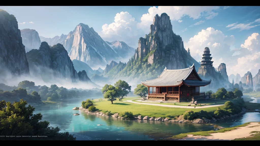 a mystical landscape with soaring limestone mountains, covered in fog. There are traditional East Asian style houses with tiered roofs, Curved and hidden between mountains and trees. A river or body of water winds through the landscape, with small works built along the river banks. The atmosphere is peaceful and picturesque, evokes the feeling of an ancient or mythical place, Unaffected by modern times. The light seemed to be early morning, contributing to the magical look of the scene.