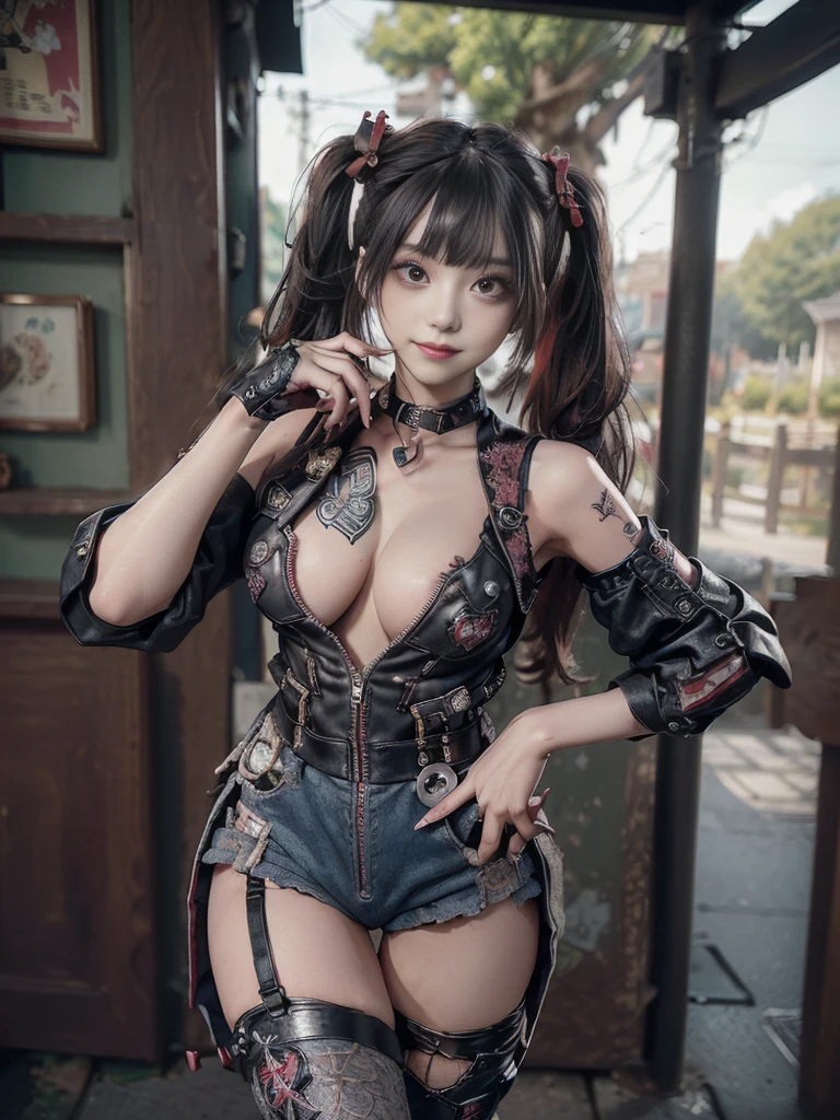 (Full body:1.4)、(Full Body View:1.4)、(Side view:1.1)、(Smiling with teeth showing:1.3),(Shibuya Gal:1.5)、(Maid café clerk:1.5)、(Punk RockVisual Kei:1.4)、(Burgundy denim with khaki and brown medieval tattered zip up:1.5)、(Wine red arm covers and tattered bugle pants:1.5)、(Wine red high heels:1.3)、(Wearing silver accessories:1.5)、(Dark brown collar:1.4)、(Leather garter belt:1.4)、(Red skin belt:1.3)、(Red lace underwear:1.5)、20-year-old、NSFW、((highest quality、In 8K、masterpiece:1.3))、Sharp focus:1.2、(Layered Cut、Huge boobs:1.1),Beautiful woman with perfect figure:1.4、(Doing an aerobics pose:1.3)、Slender Abs:1.2、Highly detailed face and skin texture、Detailed eyes、double eyelid,(Twin tails:1.3)、(Black Hair:1.3)、Gravure idol、(A fairytale-like cafe with a lush tree background:1.3)、(Slim body:1.3),(Make your legs thinner:1.4),(Thin, thin thighs:1.3)、(clavicle:1.1)