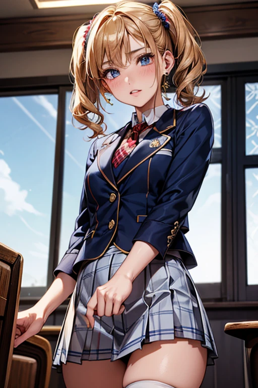 #Basics A girl is posing for a photo, animeのかわいい女の子, (((One Girl, Baby Face, 16 years old))), 
BREAK 

#Clothing Accessories 
((Navy blue with red trim)blazer + White collared shirt + (White check pattern on red)Pleated skirt + Red tie + Navy blue knee socks + Black Loafers), 
((Golden hoop earrings)), 
BREAK 

#Features 
(Blonde:1.4, Chest-length sideburns, Twin tails : Hair blowing in the wind + Short Hair + Curly hair + Red scrunchie), 
(Droopy eyes,blue eyes), (Small breasts), 
BREAK 

#expression 
(Embarrassing, blush), 
#background environment 
((noon + classroom:1.4 + Window + Sunshine)), 
#composition 
(Face the viewer:1.4, from below:1.4, Dynamic Pose, Cowboy Shot:1.4), 
BREAK 

#Body parts elements 
(Beautiful Hair,Shiny Hair), 
(double eyelid, Long eyelashes), 
(Expression of fine eyes, Beautiful and delicate eyes, Sparkling eyes, Eye Reflexes), 
(Human Ear), 
(Beautiful Nose, Thin Nose), 
(Glossy lips, Beautiful Lips, Thick lips), (Symmetrical facial features), 
(Detailed skin, Textured skin, Beautiful Skin), 
BREAK 

#Quality 
(((highest quality)), ((masterpiece)), ((Very detailed))), ((High resolution), (16k,1080p)), 
(Realistic), (Anatomically correct), 
((comics, anime)), (3DCG), CG illustration,

