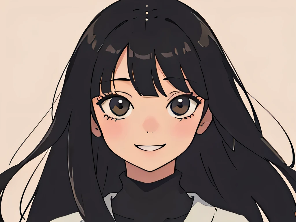 perfect anime illustration, closeup of a girl having long black hair with bangs, smiling slightly, pretty
