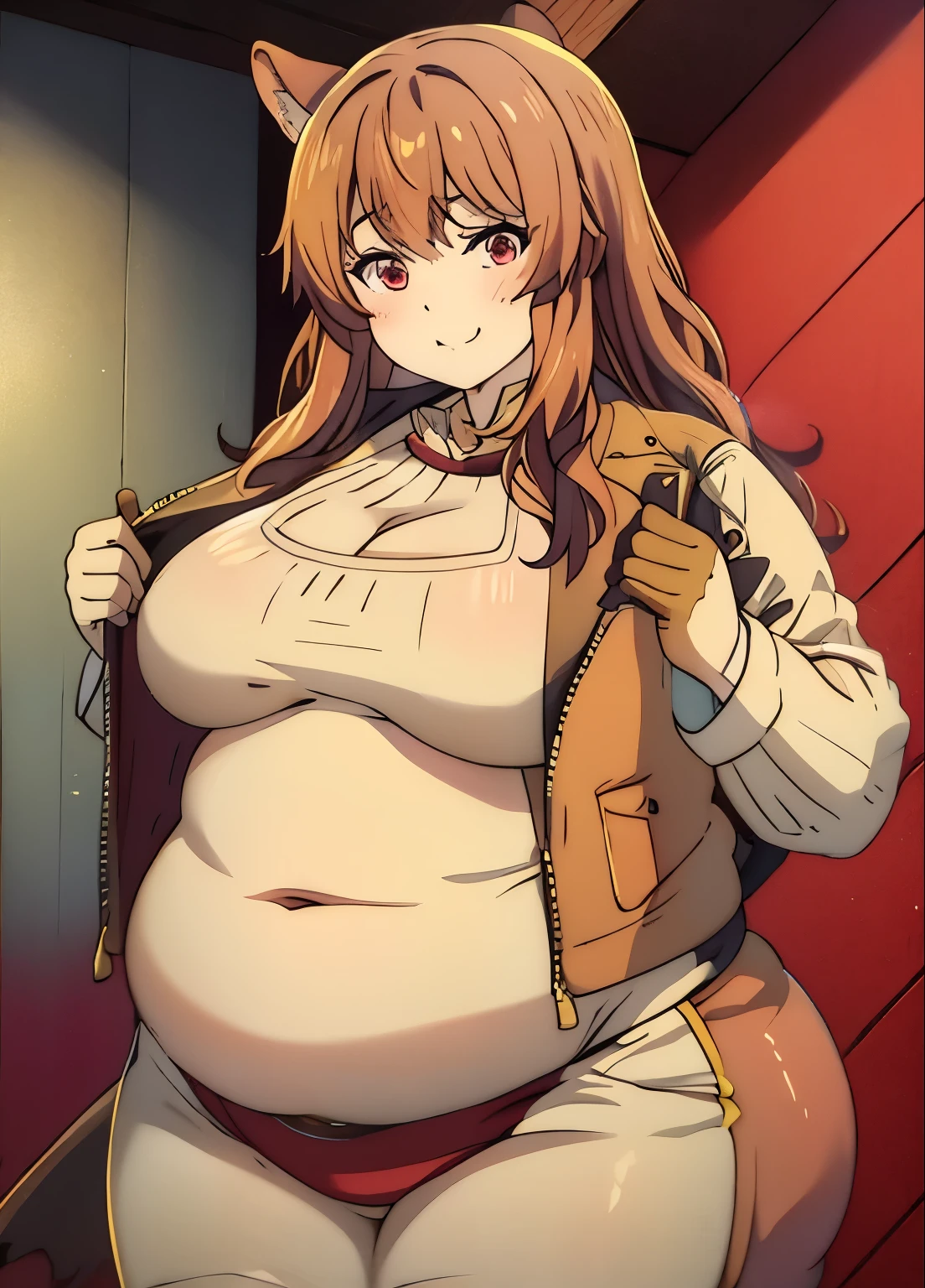 Raphtalia, huge, fat, ears, brown and red clothes, clothes's neck, obese, ears and tail