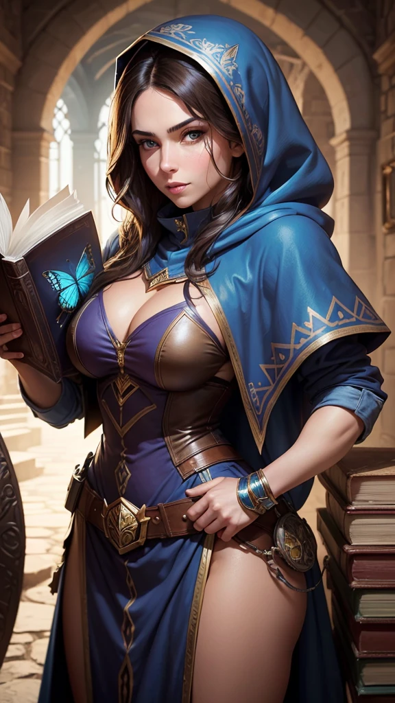 Portrait of a fantasy female brunette human, with a blue hood, with large muscles, D&D character, holding a large book with butterfly on it.