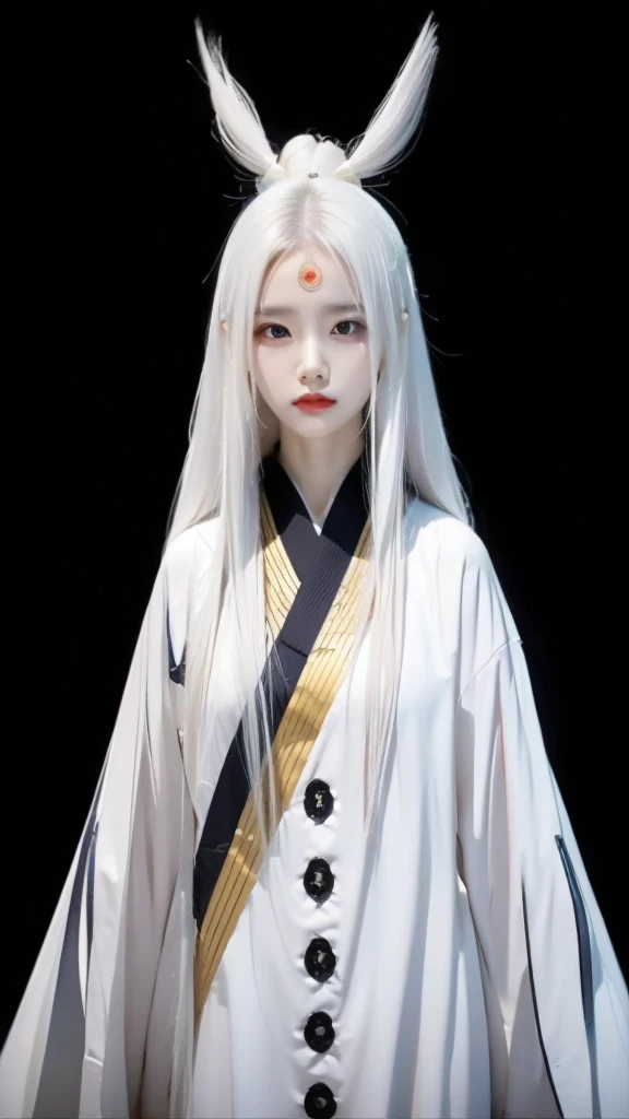 Kaguya otsusuki,a woman, white, with white robes, long hair, white hair, standing 