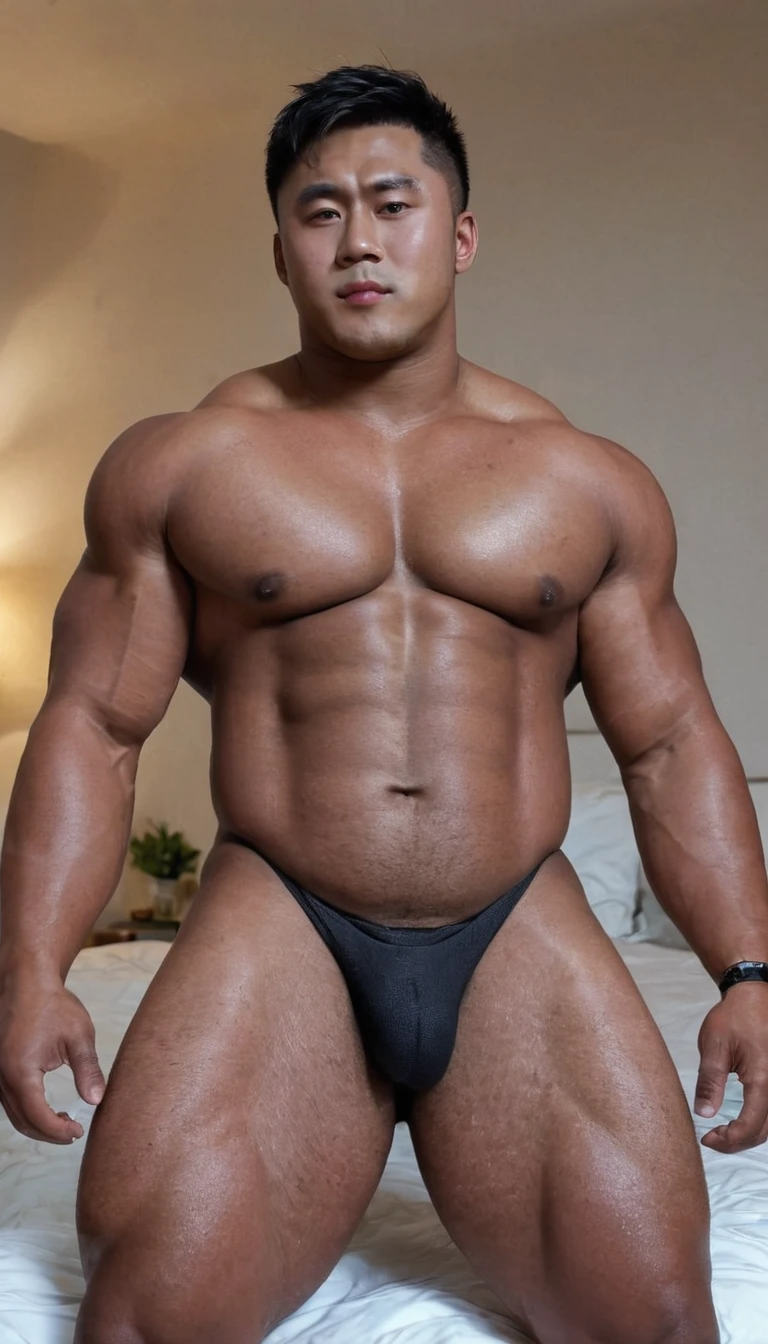Very sunburn Black skin Japanese,Sit and relax on the bed,Very Big Bodybuilder muscle man,Japanese man,Very musclefat,22yo,Oversized Big body,o body hair,pornActor,Strong sexual attraction、Hyper Bulky musclefat body,Very widesize body,Very hard muscle,Very bulky Big underboobs, Skin with visible veins, big bones, simple, medium length hair,A cinematic scene unfolds in 8k resolution, on a brig,(Gorilla-like face:0.6),Big Nose,(elect dick:1.7),naked,nsfw
