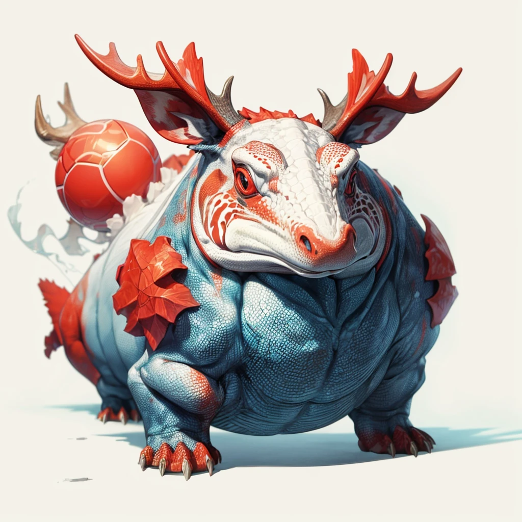 Animaly, reds and cream colour skins, has scales, his body is shaped like a Moose but his face is like a Chameleon and ball, silver colour skins, Grassroots background, (white background simpleks)