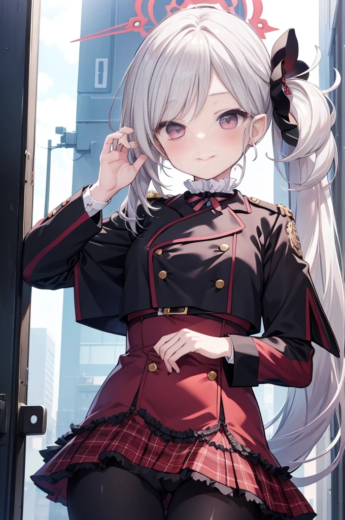 Asahi Mutsuki、Good looking girl (blush, Perfect Face), independent , Looking into the camera, masterpiece, Anime art style, Cute Characters, Most detailed, high quality、Nico Nico Smile、Silver Hair、Side Ponytail、Small breasts、Lolita、Combat Uniform、pants、Panty shot、