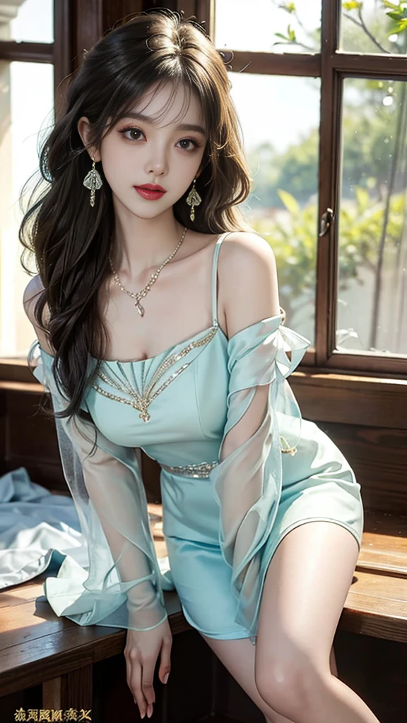 ((whole body)), ((from below)), yushuxin,1 girl,Solitary, ((stand up, Leaning on the windowsill)), ((Lean over)), ((The features are clear, Clear face, Clear face)), red lips, cosmetic, close up, elegant pose, Seductive pose, Perfect Curve, Slim, Sexy, Large Breasts, , beautiful legs, Fascinating eyes, Biting your lips, Messy long hair, Simple and casual scene, Very detailed, Ultra-clear, best quality, Official Art, Beautiful earrings, Beautiful necklace, Very detailed description, Super beautiful painting, Advanced Features, elegant, beautiful, Ultra-fine details, masterpiece, Real texture, Realistic lighting, masterpiece, best quality
