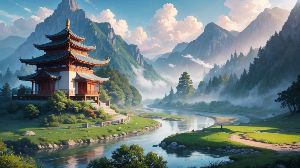 a mystical landscape with soaring limestone mountains, covered in fog. There are traditional East Asian style houses with tiered roofs, Curved and hidden between mountains and trees. A river or body of water winds through the landscape, with small works built along the river banks. The atmosphere is peaceful and picturesque, evokes the feeling of an ancient or mythical place, Unaffected by modern times. The light seemed to be early morning, contributing to the magical look of the scene.