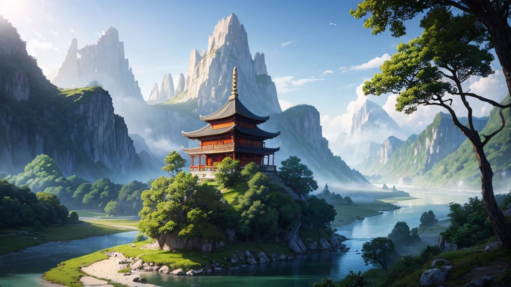 a mystical landscape with soaring limestone mountains, covered in fog. There are traditional East Asian style houses with tiered roofs, Curved and hidden between mountains and trees. A river or body of water winds through the landscape, with small works built along the river banks. The atmosphere is peaceful and picturesque, evokes the feeling of an ancient or mythical place, Unaffected by modern times. The light seemed to be early morning, contributing to the magical look of the scene.