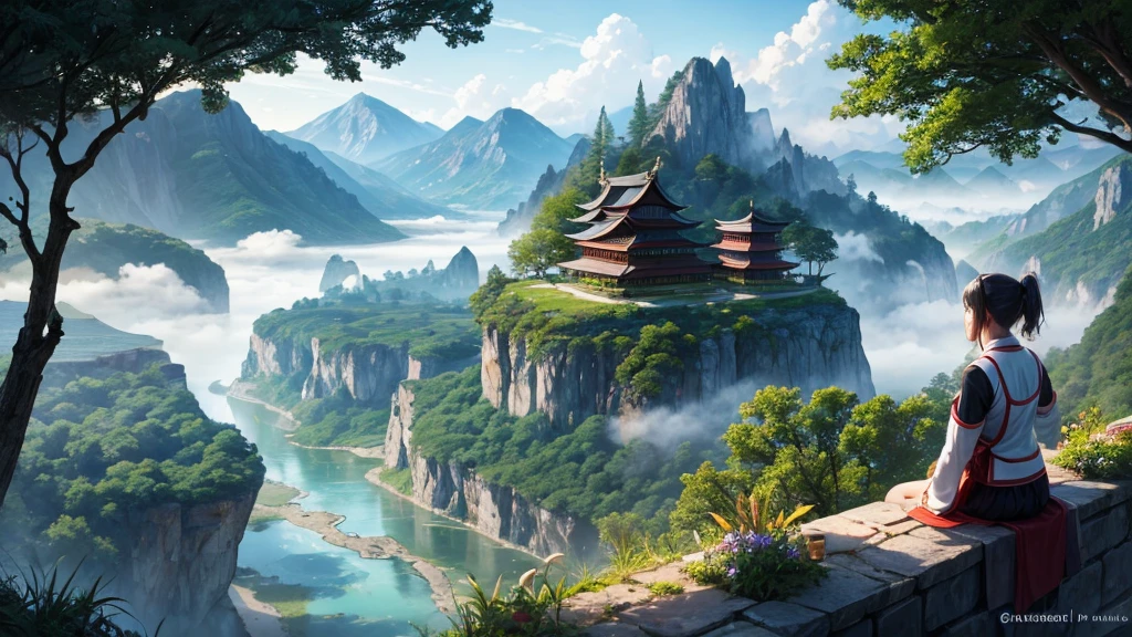 a mystical landscape with soaring limestone mountains, covered in fog. There are traditional East Asian style houses with tiered roofs, Curved and hidden between mountains and trees. A river or body of water winds through the landscape, with small works built along the river banks. The atmosphere is peaceful and picturesque, evokes the feeling of an ancient or mythical place, Unaffected by modern times. The light seemed to be early morning, contributing to the magical look of the scene.
