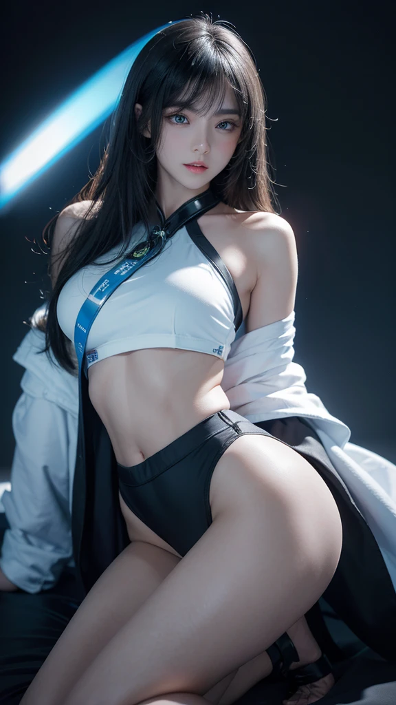 masterpiece, best quality, Super detailed, face camera, 複雑に詳細なSuper detailed, Practical, Distinctive features, Very detailed, Clear focus, Perfect face, Perfect face, Perfect eyes with perfect symmetry, Perfect plump lips, Flexible female form, Movie, lamp, Super detailed, hyper Practical, masterpiece, atmosphere, high resolution, energetic, 动态工作室lamp光, ((Dark background)), Endure the expression of happiness, Straight bangs, blue eyes,Expression of sexual arousal、Her black thong can be seen through the fabric、(((,Lean forward))),((lead bullet))