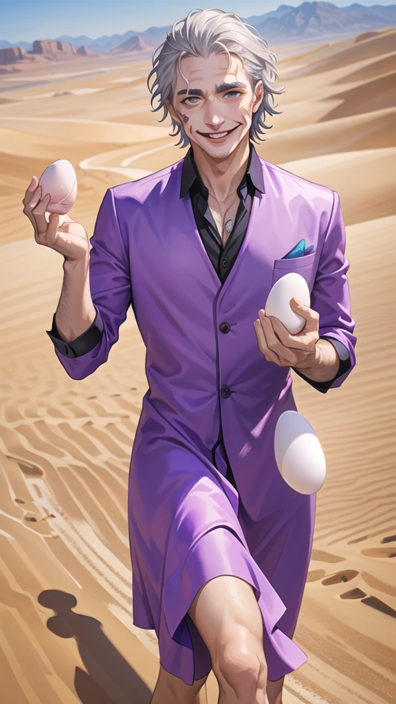 Portrait of a man in his 40s、standing、silver hair、the joker、purple dress , smile , Long body、 、desert background、(holding eggs:1.1) , run away