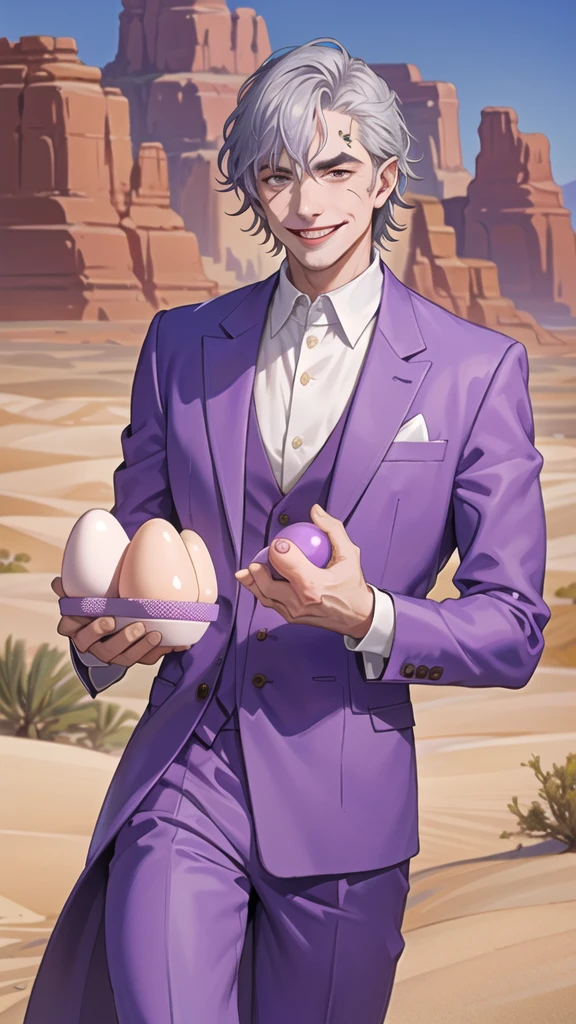 Portrait of a man in his 40s、standing、silver hair、the joker、purple dress , smile , Long body、 、desert background、(holding eggs:1.1) , run away