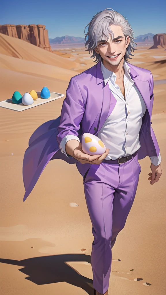 Portrait of a man in his 40s、standing、silver hair、the joker、purple dress , smile , Long body、 、desert background、(holding eggs:1.1) , run away