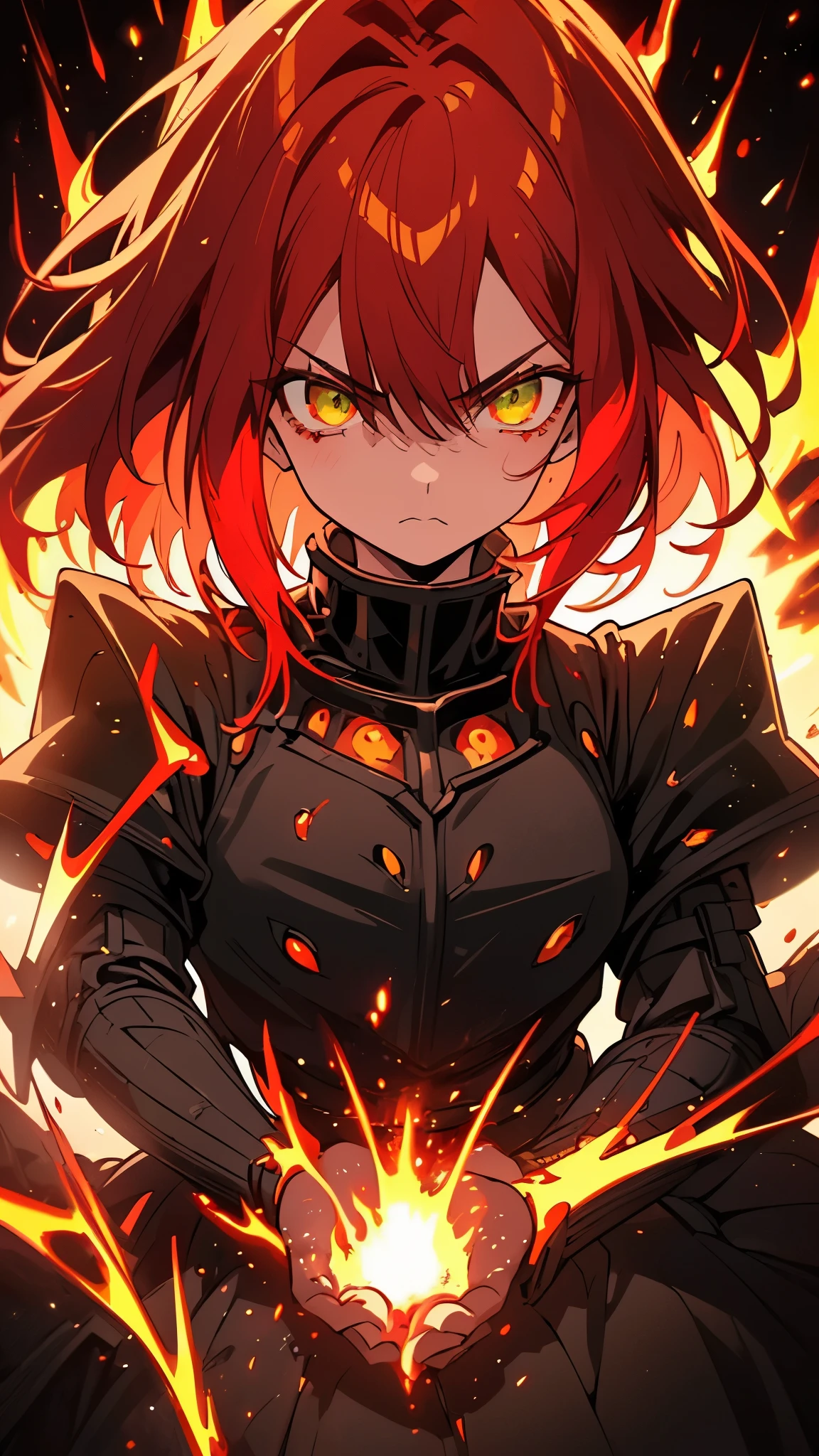 ((high contrast)), 1girl, angry, ((emotive expression)), ((bright red hair style)), (( intense green eyes)), ((flaming crown)), (( war-torn armor)), ((magma-soaked surroundings)), (( hellish landscape)), ((medium close-up)), ((centered)), ((flickering flames)), ((dramatic background)), ((atmospheric lighting)), ((high dynamic range)), ((fantasy atmosphere)), ((intense emotions))