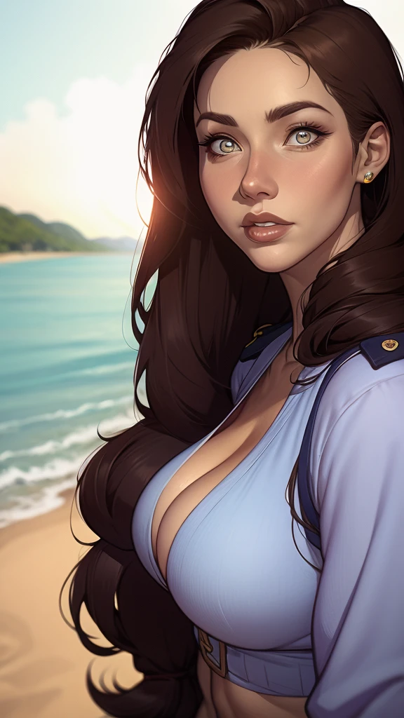Close-up wearing police uniform of a woman with long hair and a sweater, cabelo castanho encaracolado, linda modelo, retrato de alta qualidade, medium portrait bright light beach style, parece a jovem liv tyler, retrato colorido, linda mulher, cabelo loiro cacheado | d & d, beautiful portrait lighting, uma linda jovem, modelo muito lindo, Retrato de 50mm, medium - long curly brown hair wearing police uniform
