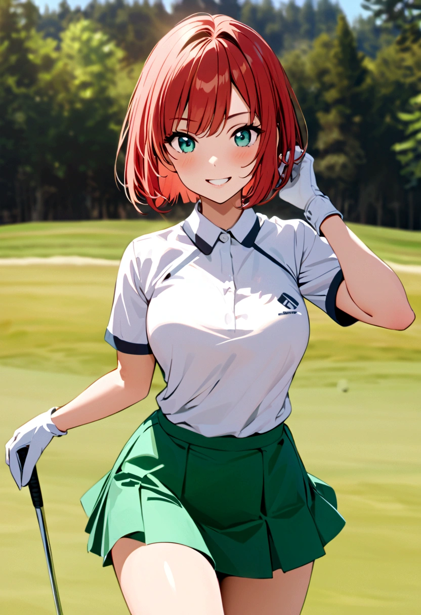 sound　high resolution　8k beauty　Woman playing golf　Golf course　Beautiful woman　Bobcut　Red hair　　Golf Wear　mini skirt　smile　　looking at the camera　nice shot　No sleeve