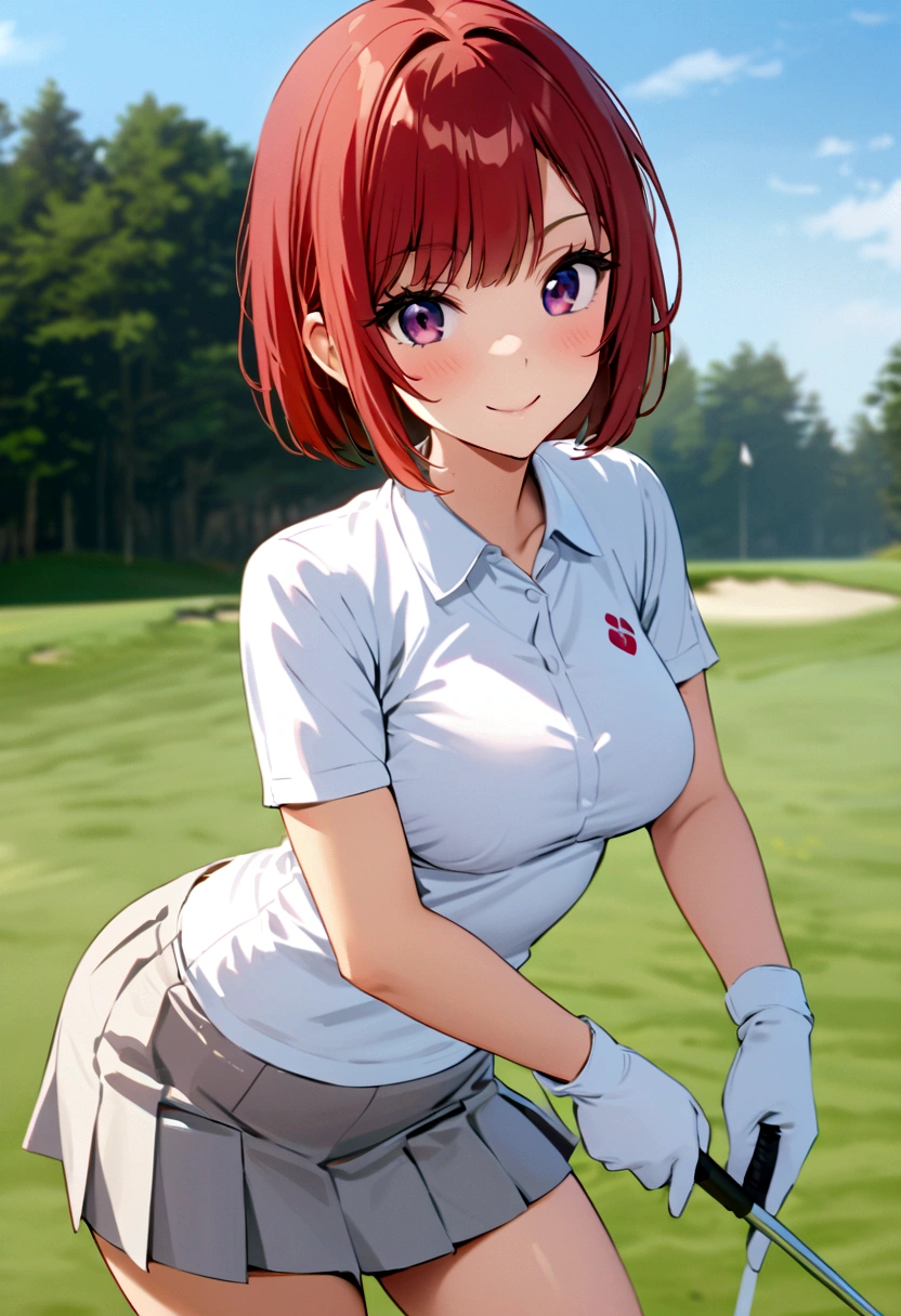 sound high resolution 8k beauty Woman playing golf Golf course Beautiful woman Bobcut Red hair Golf Wear mini skirt smile looking at the camera nice shot